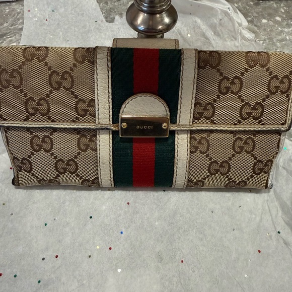 Gucci Accessories - Gucci Beige and Brown Monogram Wallet with Red and Green Stripe
